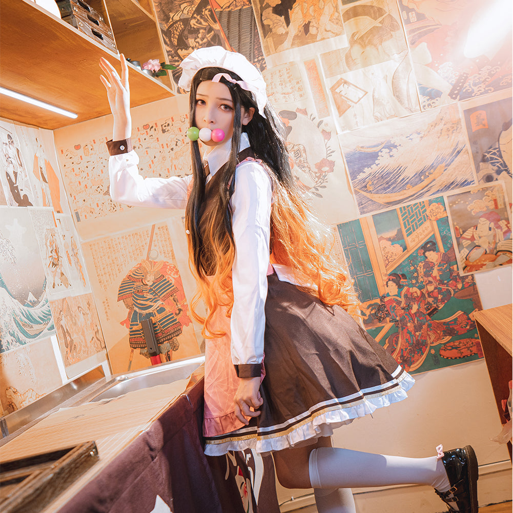 Demon Slayer Kamado Nezuko Cosplay Costume Maid Dress With Apron