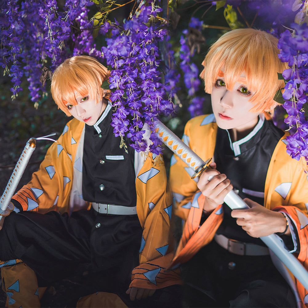 Demon Slayer Agatsuma Zenitsu Cosplay Costume Kimono Cardigan Suit Robe Cloak