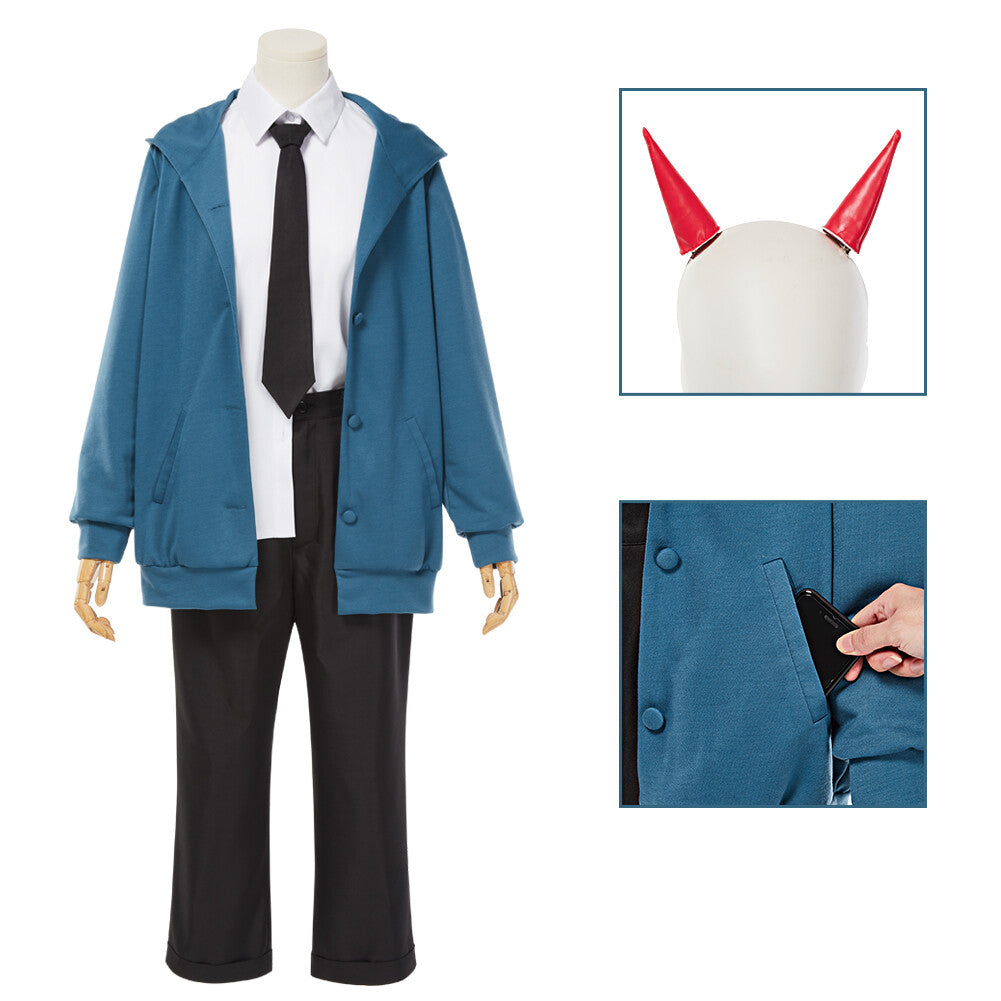 Chainsaw Man Power Cosplay Costume Blue Hoodie Coat Outfit Full Sets for Halloween